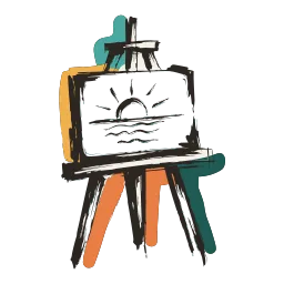 An ink sketch of an easel with a sun over water painting