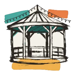 An ink sketch of a park gazebo with bunting