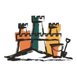 An ink sketch of a sandcastle with a bucket and spade
