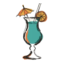 An ink sketch of a cocktail with a paper umbrella and a lime