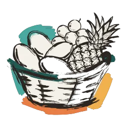 An ink sketch of a basket of mangoes, a pineapple and limes