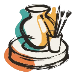 An ink sketch of a vase on a pottery wheel with brushes